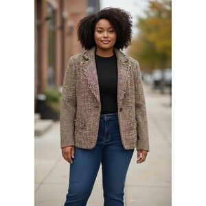 Kate Hill Wool Tweed Women’s Blazer Brown Size 18 W Classic Notched Office